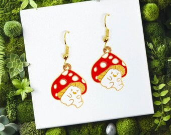 Happy Red Mushroom Dangle Earrings, Cute Kawaii Jewelry Gift for Woodland and Nature Lovers, Whimsical Autumn Accessory - ERA-A017-4
