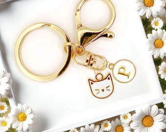 Minimalist White Cat Face Keychain with Personalized Gold Initial Charm Cute Feline Bag Charm Gift for Cat Lovers and Pet Owners-K-A088-2