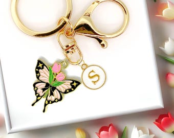 Spring Butterfly with Tulip Flower Keychain – Elegant Enamel Charm with Gold Ring, Floral Butterfly Accessory for Nature Lovers-K-A043-1