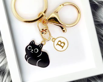 Cute Black Cat Enamel Keychain with Personalized Monogram Letter Charm, Fun Kawaii Gold-Plated Keyring, Cute Gift for Cat Lovers-K-A005-1