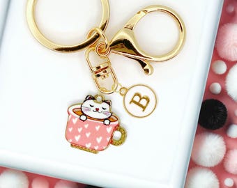Cute Cat in a Teacup Enamel Keychain with Personalized Monogram Letter Charm, Fun Kawaii Gold-Plated Keyring, Trendy Bag Charm-K-A006-9