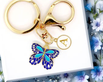 DRAFT - Blue Butterfly Keychain with Gold Initial Charm Teal Enamel Insect Accessory Cute Bag Charm Gift for Nature or Lovers - K-A117-2