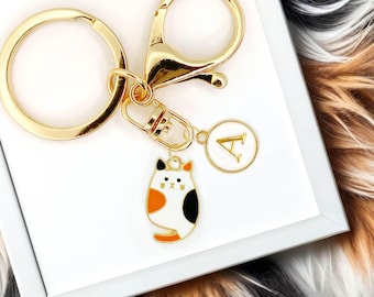 Cute Enamel Keychain: Spotty Calico Cat with Custom Monogram Initials -K-A112-1