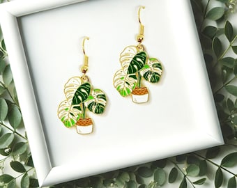 Monstera Plant Dangle Earrings: Albino White Enamel Leaf Jewelry-ERA-A016-2