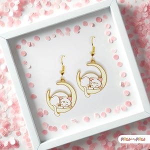 Sleeping White Cat on Crescent Moon Dangle Earrings with Enamel Pendant and 18k Gold Plated Hook, Luna Cat Anime-Inspired Jewelry-ERA-A046-1