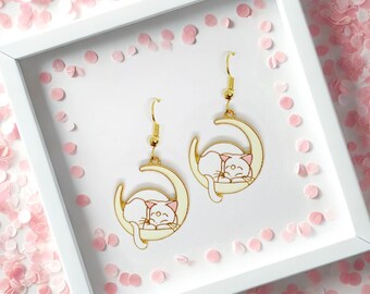 Sleeping White Cat on Crescent Moon Dangle Earrings with Enamel Pendant and 18k Gold Plated Hook, Luna Cat Anime-Inspired Jewelry-ERA-A046-1