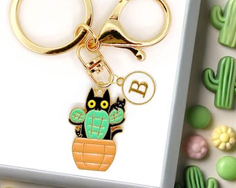 Black Cat in Cactus Pot Keychain - Funny Enamel Cat Charm - Quirky Plant Lover Accessory - Cute Cat Keyring for Cactus and Cat Fans-K-A022-7