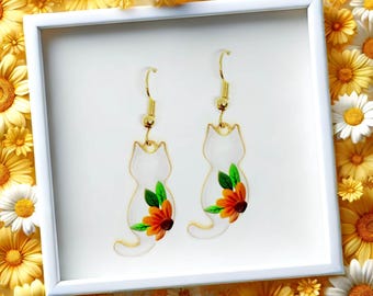 White Cat with Orange Flower Dangle Earrings, Spring Summer Jewelry Gift for Cat Lovers, Unique Enamel Accessory - ERA-A131-9
