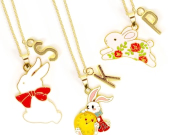 White Rabbit Bunny Charm Necklace – Alice in Wonderland Inspired Enamel Jewelry for Bunny Lovers and Fairytale Fantasy Fans-NCA-014