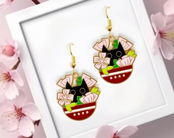 Black Cat with Cherry Blossom Dangle Earrings with Enamel Pendant, Sakura-Inspired Jewelry Gift for Cat Lovers  - ERA-A073-3