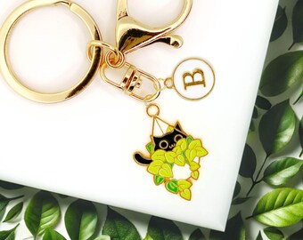 Cute Black Cat in Hanging Plant Enamel Keychain with Personalized Monogram Letter Charm, Kawaii Gold-Plated Keyring-K-A009-1