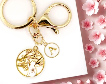 Cute Enamel Keychain: Sakura Cherry Blossom White Cat Custom Initials-K-A013-5