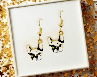 White Bulldog Dangle Earrings, Fun Jewelry Gift for Dog Lovers and Bulldog Owners, Cute Kawaii Pet Accessory - ERA-A027-2