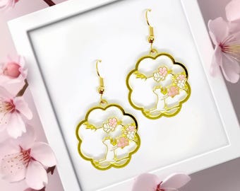 Sakura Cherry Blossom earrings, white cat earrings, cat dangle earrings, chic spring pink flower earrings, cat lovers gift-ERA-A051-1