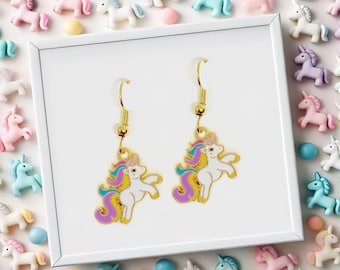 Pastel Unicorn Dangle Earrings 18k Gold Plated Hook, Cute Kawaii Jewelry Gift for Fantasy and Whimsical Accessory Fans - ERA-A130-4