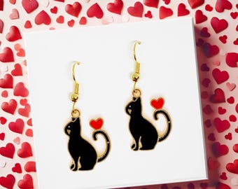 Black Cat with Heart Earrings 18k gold-plated hooks - Kawaii Enamel Dangle Jewelry for Cat Lovers and Pet Owners-ERA-A093-1