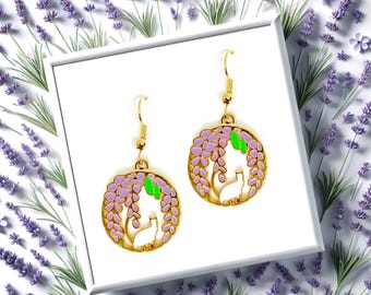 White Cat with Lavender Flower Dangle Earrings 18k Gold Plated Hook, Kawaii Jewelry Gift for Cat Lovers and Flower Fans-ERA-A026-2
