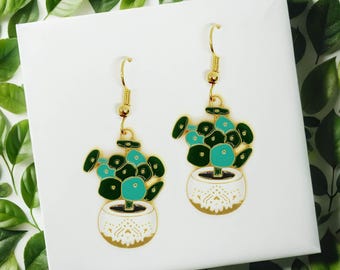 Pilea Plant Dangle Earrings, Stylish Jewelry Gift for Plant Lovers, Greenery-Inspired Accessory for Garden Enthusiasts-ERA-A037-2