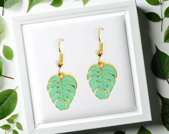Monstera Leaf Dangle Earrings, Minimalist Chic Jewelry Gift for Plant Lovers, Tropical-Inspired Accessory-ERA-A039-1