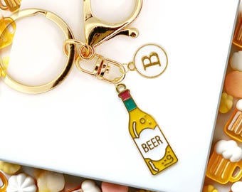 Beer Bottle Keychain Gold Plated Enamel with Monogram Letter Charm - K-A008-2