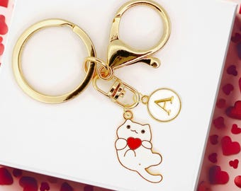 Handbag Keychain Cat Charm with Red Heart, Custom Gold Letter – Personalized Cat Mom Gift, Cute Cat Purse Accessory for Cat Lovers -K-A125-1