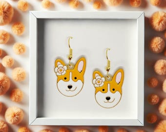 Corgi Face Dangle Earrings 18k Gold Plated Hook, Kawaii Jewelry Gift for Dog Lovers, Cute Floral Dog Accessory-ERA-A020-1