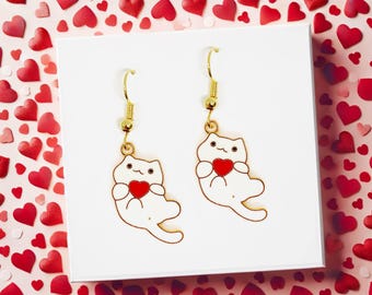 White Cat Heart Earrings – Kawaii Valentine’s Jewelry for Cat Lovers & Cute Aesthetic - ERA-A125-1