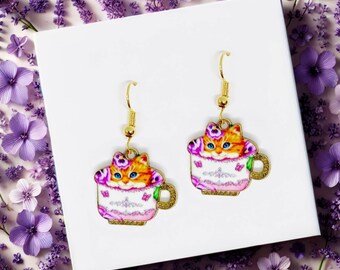 Ginger Tabby Cat in Purple Floral Teacup Dangle Earrings 18k Gold Plated Hook, Kawaii Jewelry Gift for Cat Lovers-ERA-A006-10