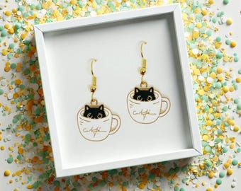 Black Cat Earrings in Coffee Cup, Black Cat in Tea Cup Dangle Earrings, Starbucks Coffee Lover Gifts, Cat Lovers Gift-ERA-A006-4