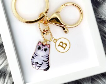 Cute Grey Tabby Cat Enamel Keychain with Personalized Monogram Letter Charm, Fun Kawaii Gold-Plated Keyring, Trendy Bag Charm-K-A004-5