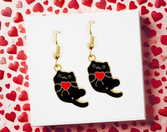 Black Cat Heart Earrings – Cute Valentine’s Jewelry for Cat Lovers & Romantic Gift - ERA-A125-2