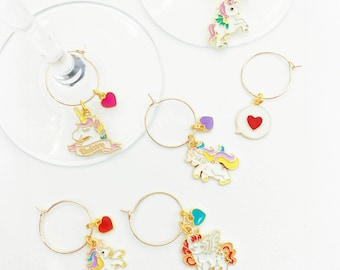 Unicorn Wine Glass Charms – Magical Kawaii Drink Tags Set of 6 with Heart Charms for Girls Night, Fantasy Parties & Cute Gifting