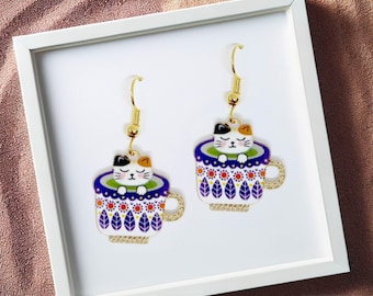Kawaii Calico Cat Teacup Dangle Earrings - Cute Kitty Enamel Jewelry, Fun Spotty Cat Gift for Cat Lovers, Cat Lady Accessories-ERA-A006-1