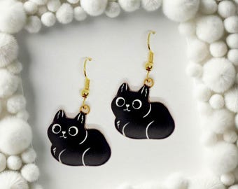 Black Cat Dangle Earrings 18k Gold Plated Hook, Kawaii Jewelry Gift for Cat Lovers, Cute Animal Accessory-ERA-A005-1