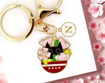 Black Cat in Flowers Keychain Cute Floral Charm Personalized Initial Clip Cat Mom Gift Kawaii Kitty Accessory for Bags and Keys -K-A073-3