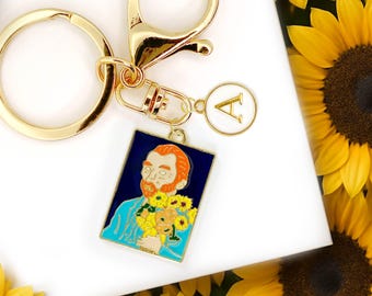 Cute Enamel Keychain: Fine Art Van Gogh Portrait with Custom Initials-K-A052-3