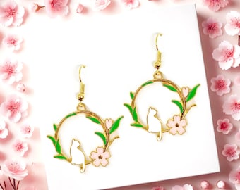 Cat Enamel Earrings: 18k Gold Plated Dangle, White Pink Spring Floral Charm-ERA-A013-9