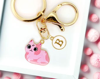 Cute Pink Cat Enamel Keychain with Personalized Monogram Letter Charm, Fun Kawaii Gold-Plated Keyring, Trendy Bag Charm-K-A005-7