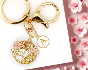 Cute Enamel Keychain: Sakura Cherry Blossom White Cat with Custom Monogram-K-A013-3