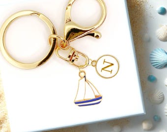 Sailboat Keychain Nautical Charm Personalized Initial Clip Cute Ocean Lover Gift for Sailors Travelers Sea Lovers Kawaii Accessory-K-A078-2