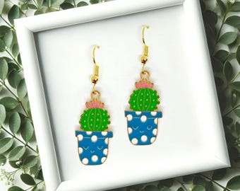 Kawaii Cactus Earrings, Cute Enamel Jewelry for Plant Ladies, Quirky Green Cactus in Polka Dot Pot Earrings for Plant Lovers - ERA-A114-2