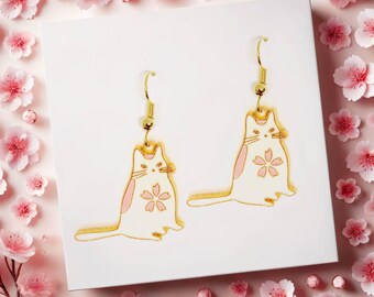 White Cat with Sakura Cherry Blossom Dangle Earrings, Cute Kawaii Jewelry Gift for Cat Lovers, Floral Spring Accessory - ERA-A036-1