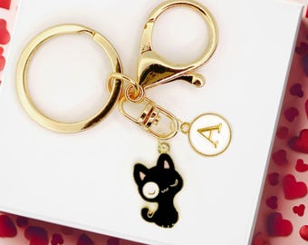 Cute Black Cat Keychain with Gold Initial Charm for Cat Lovers and Personalized Gift for Halloween or Everyday Use-K-A109-1