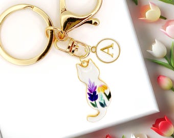 Enamel Keychain White Floral Cat: Custom Initials, Kawaii Spring Design-K-A131-4