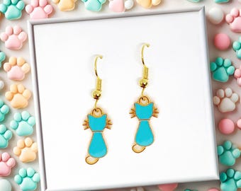 Minimalist Blue Cat Earrings - Scandinavian Chic 18k Gold Plated Hook Jewelry for Cat Lovers - ERA-A089-4