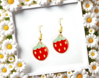 Strawberry Enamel Earrings: Red Dangle Charm for Gamer or Berry Fan-ERA-A120-4