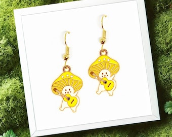 Yellow Mushroom Playing Guitar Dangle Earrings, Cute Kawaii Jewelry Gift for Music Lovers and Forest Fans, Woodland Accessory - ERA-A017-3