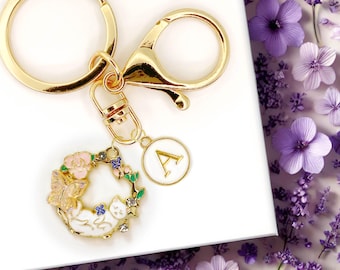 Cute Enamel Keychain Pink Floral Cat with Custom Initial - K-A013-6