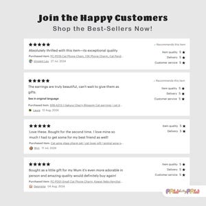 May include: Five customer reviews for cat-themed jewelry and accessories. Each review includes a five-star rating, a brief description of the item, and the date of purchase.