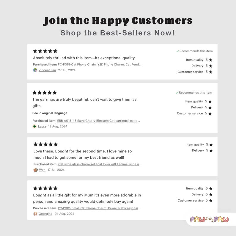 May include: Five customer reviews for cat-themed jewelry and accessories. Each review includes a five-star rating, a brief description of the item, and the date of purchase.
